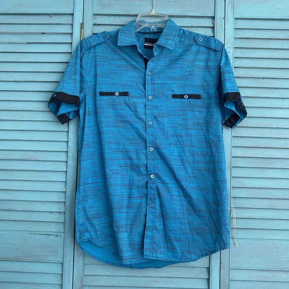 Vertical Sport Slim Fit Button Down Shirt Sz S ~ Short Sleeve ~ Teal & Black